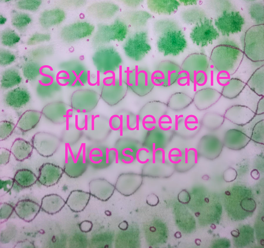 ein pinker Schriftzug "Sexualtherapie für queere Menschen" vor einem Hintergrund von grünen Punkten und Linien